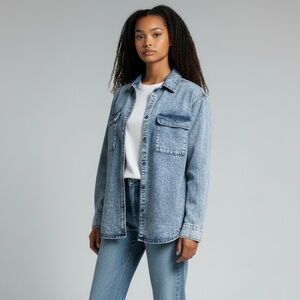 Easel Cotton Denim Acid Wash Chambray Button Up Shirt